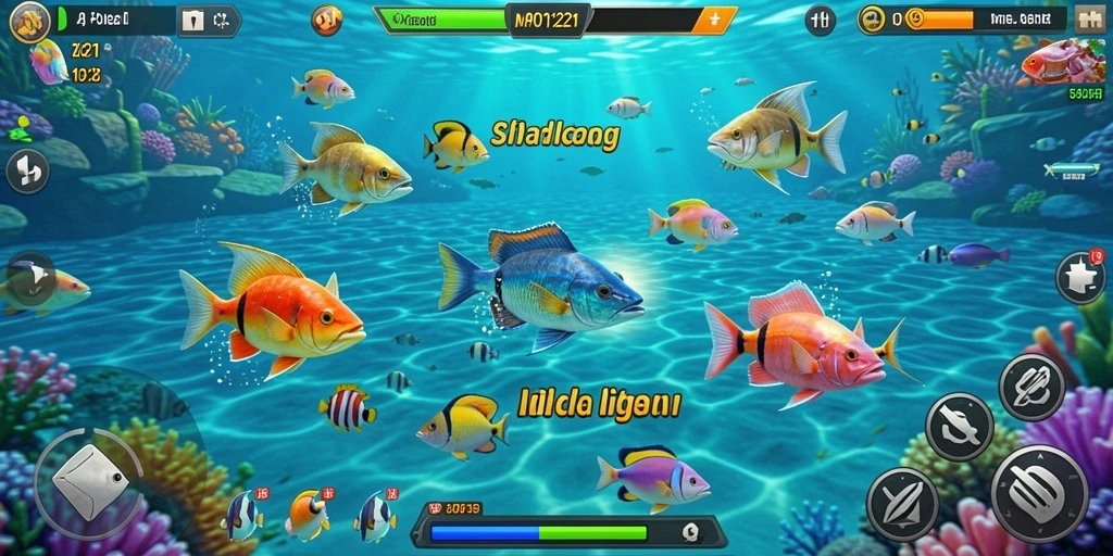 Screenshot MPO1221 menampilkan aksi menembak ikan yang mendebarkan.